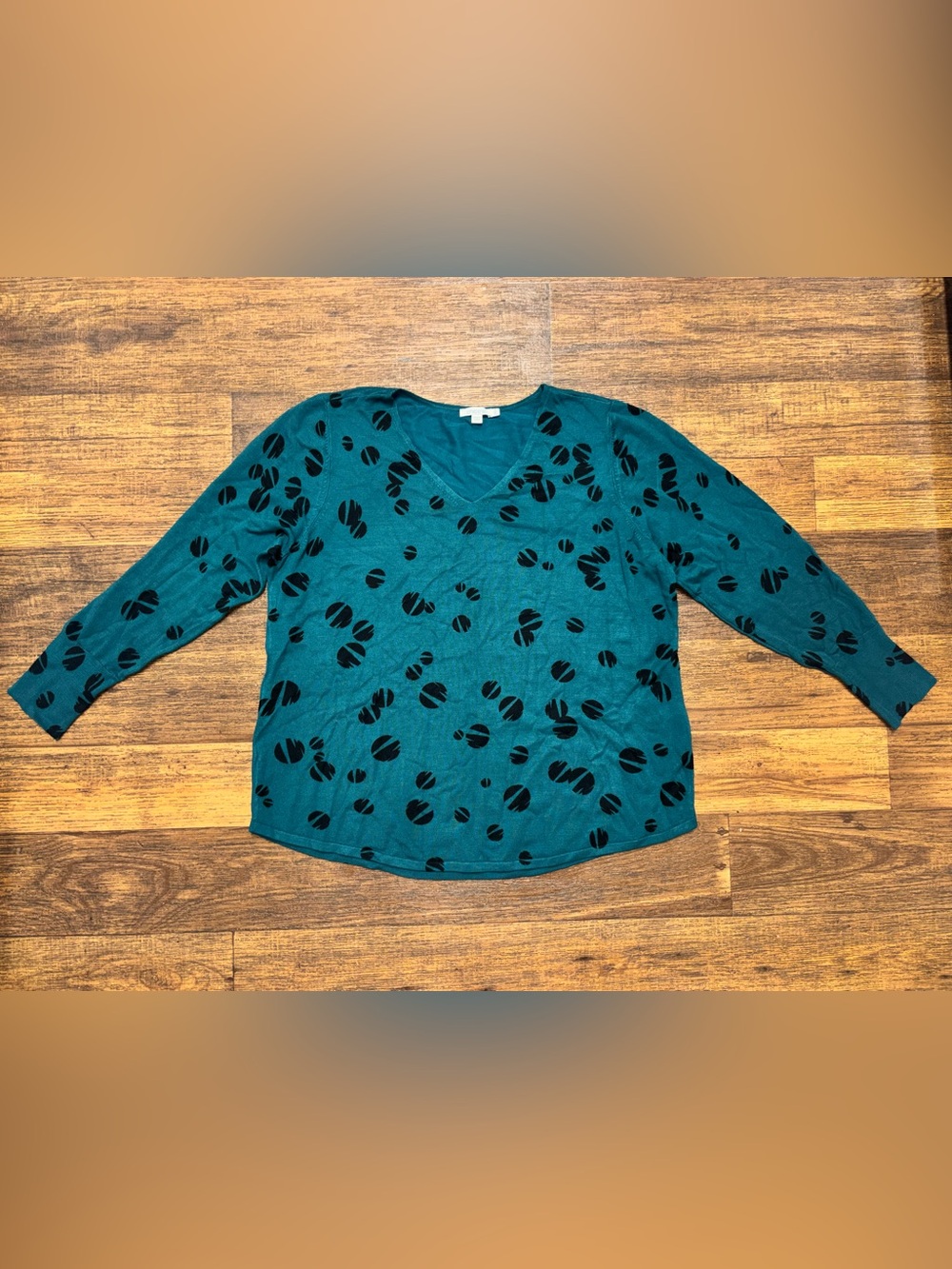 Chico's Teal V-Neck Long Sleeve Top with Black Abstract Spots